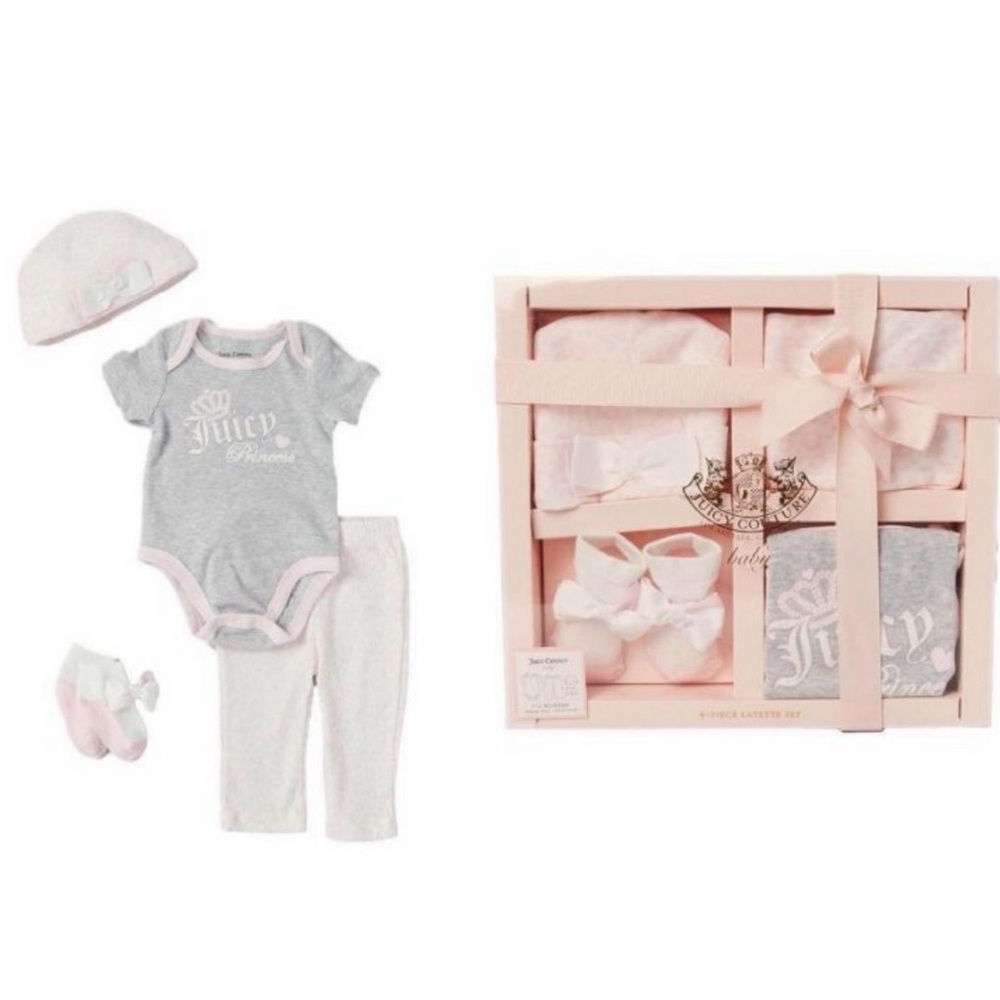 Juicy Couture Baby Girl Light Pink & Gray Princess Bodysuit Boxed Set NEW 6-9mon